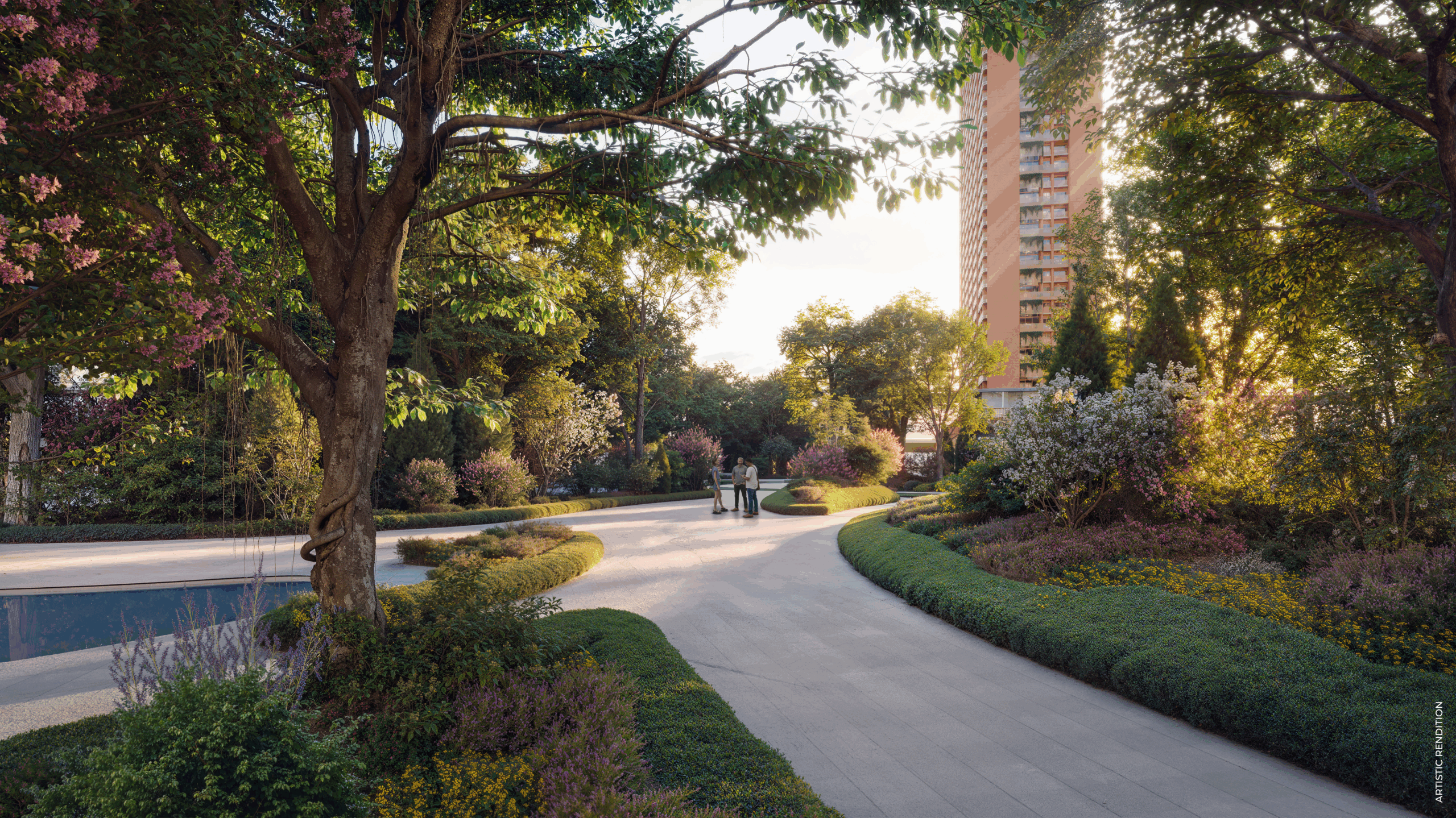 Tree-lined walking paths in a premium residential community designed for well-being 