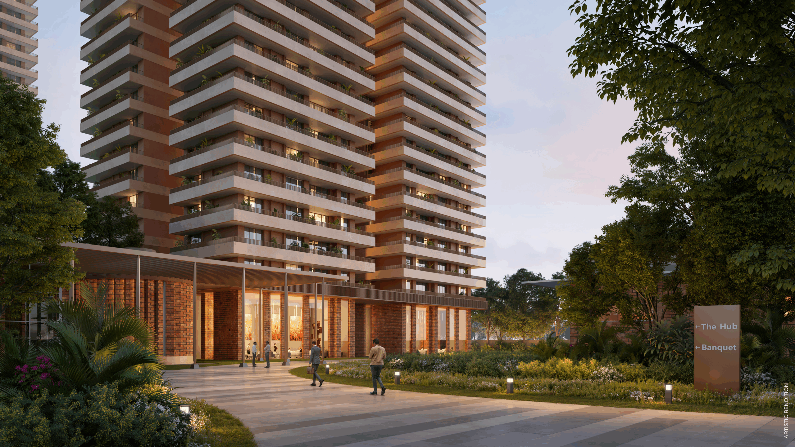 Nature-integrated residential community glowing warmly in the evening 