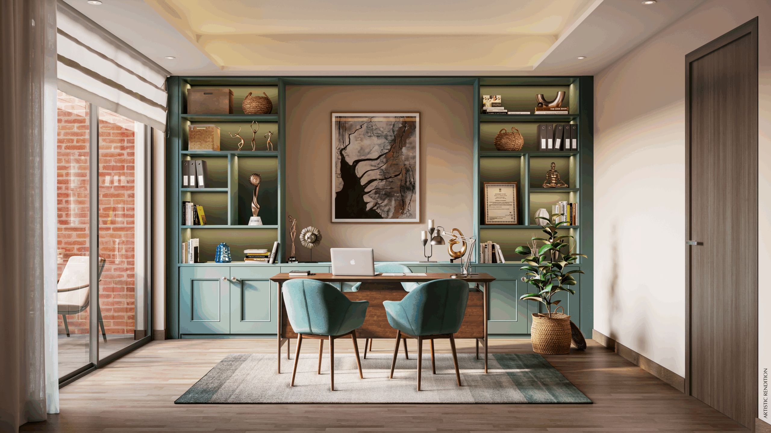 Modern home office with built-in shelving, wooden desk, and natural light in a residential apartment 