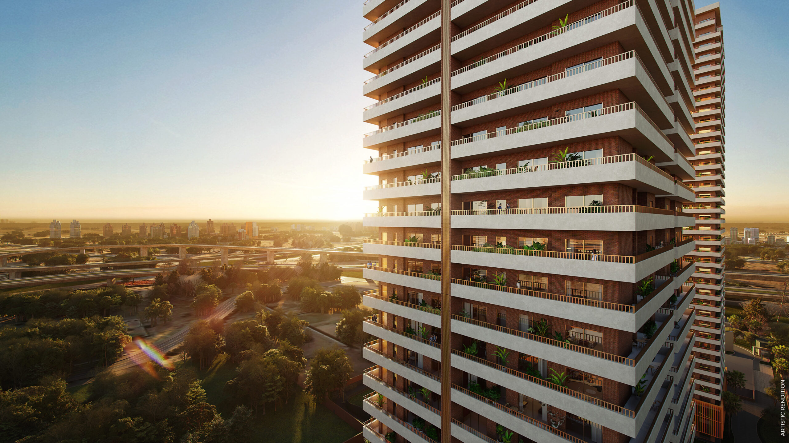 Luxury residential apartment tower featuring layered balconies and panoramic urban views 