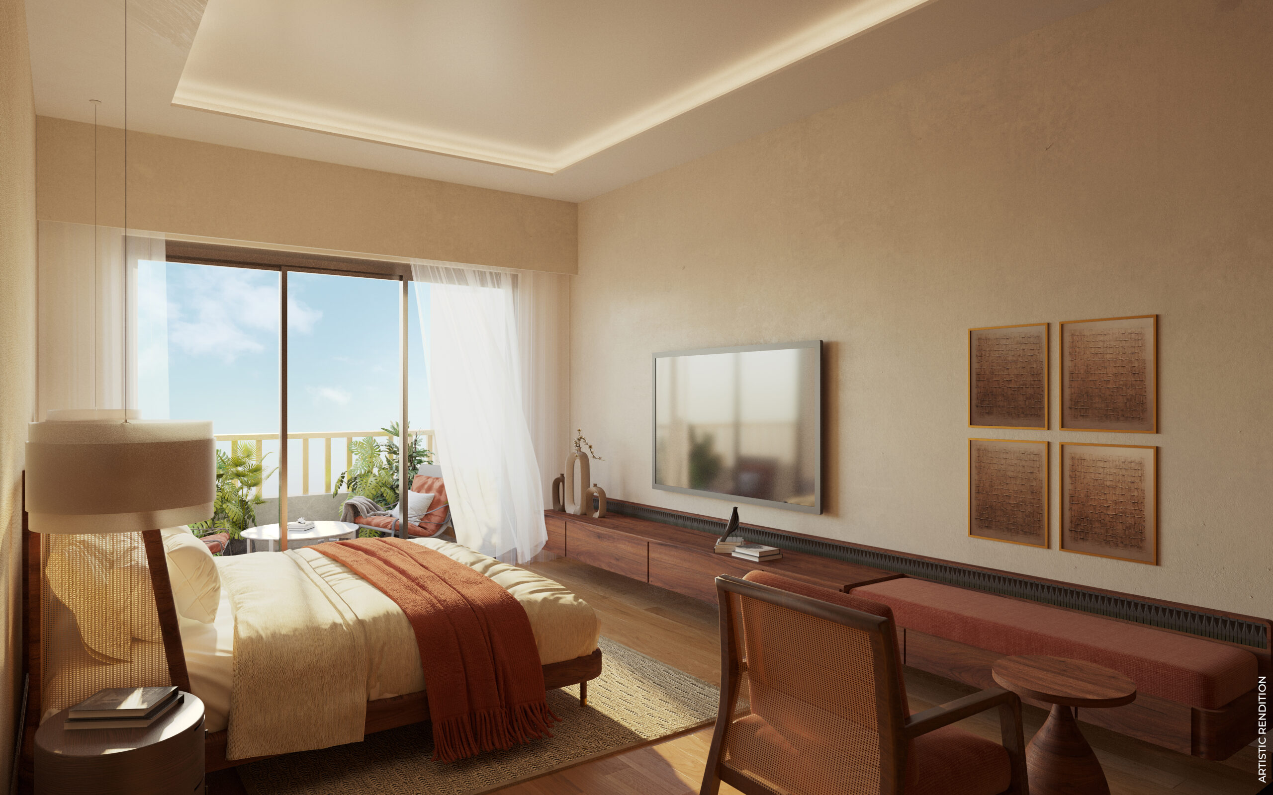 Modern residential bedroom with balcony access, wooden furniture, and warm natural lighting 