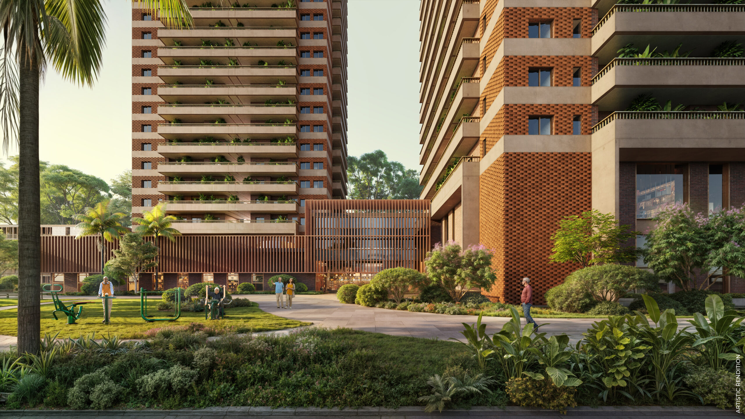 Landscaped residential complex with modern apartment towers, green open spaces, and pedestrian walkways 
