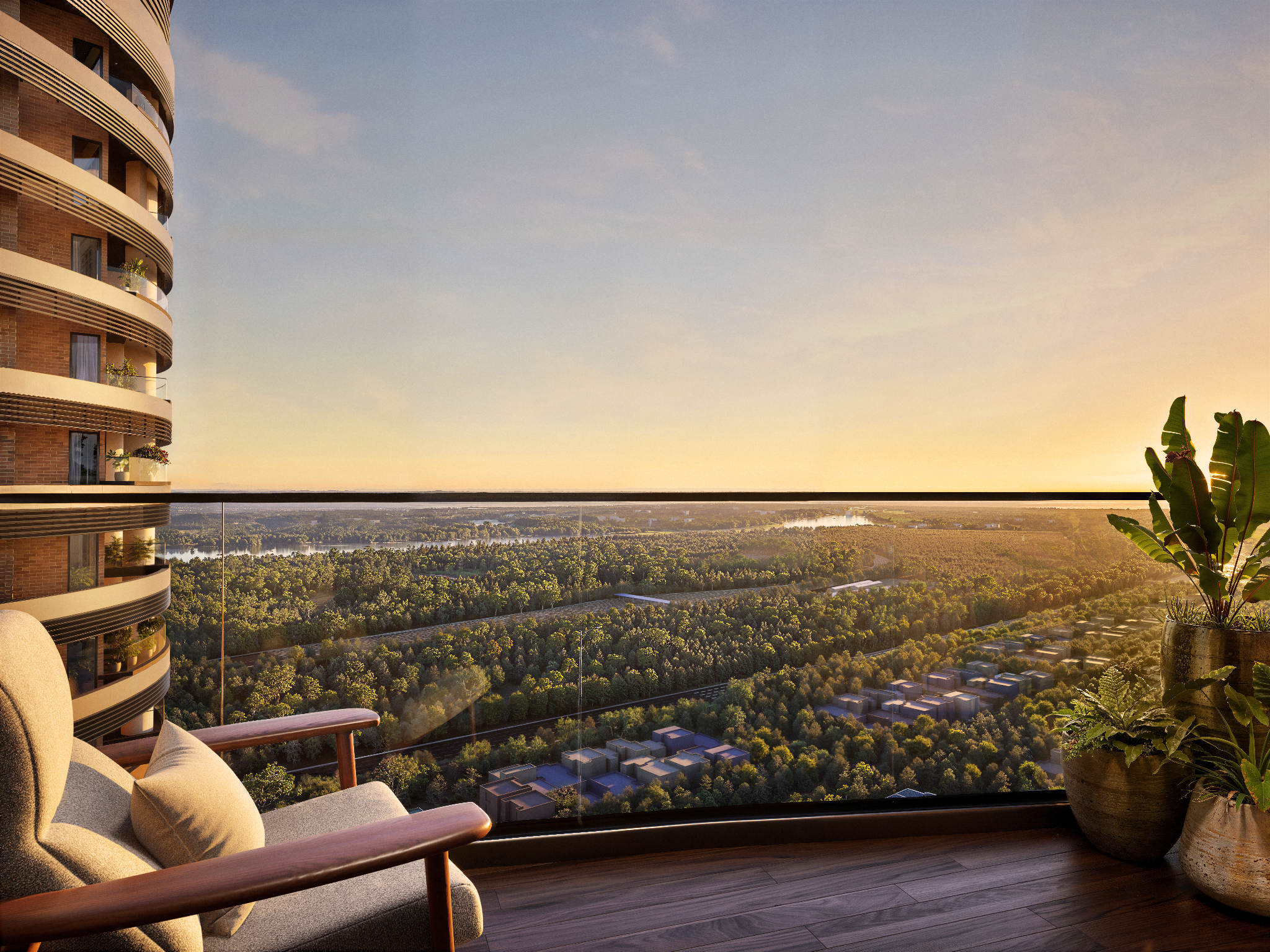 Luxury apartment balcony with panoramic sunset view over green forest and suburban area 