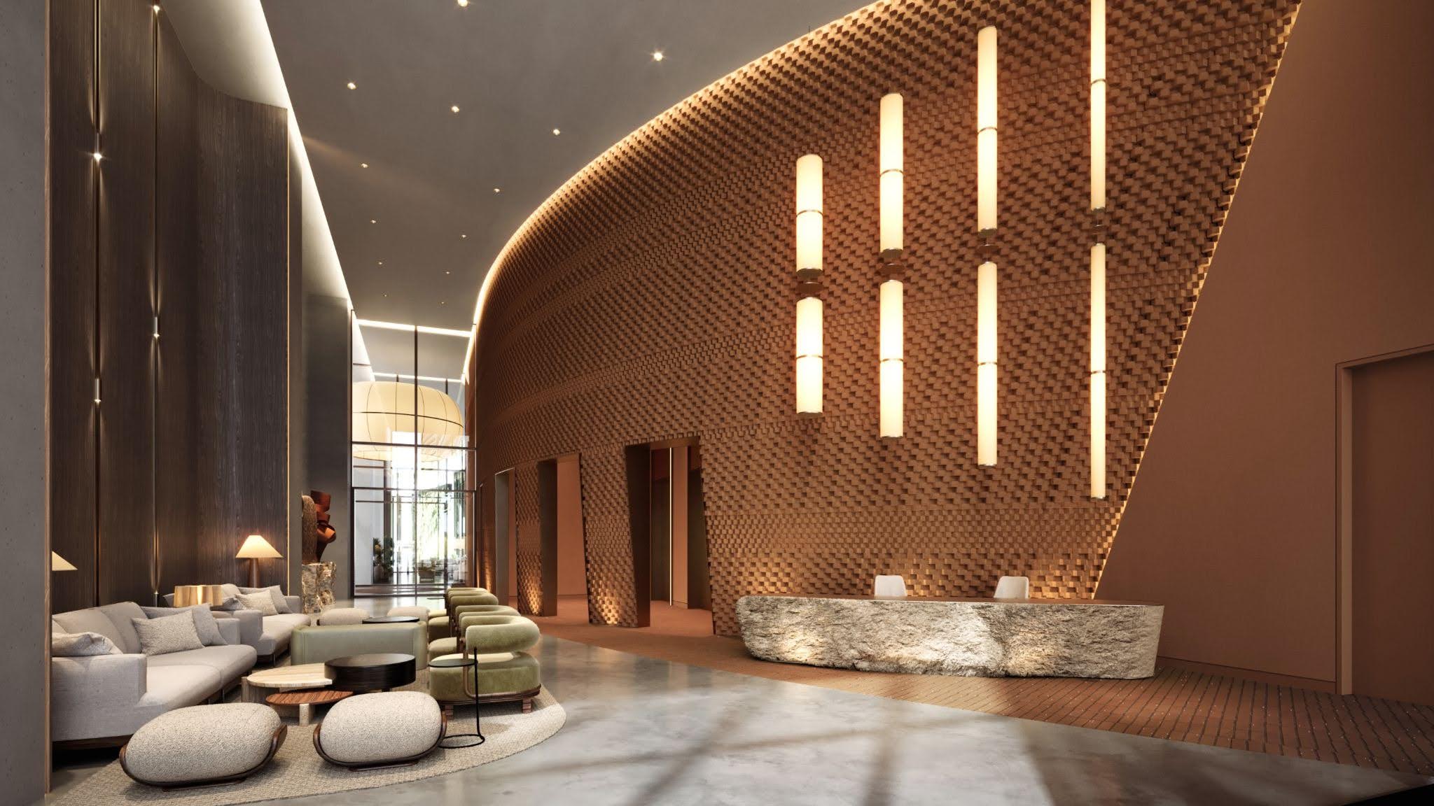  Luxury office lobby interior with modern reception desk, ambient lighting, and premium design finishes