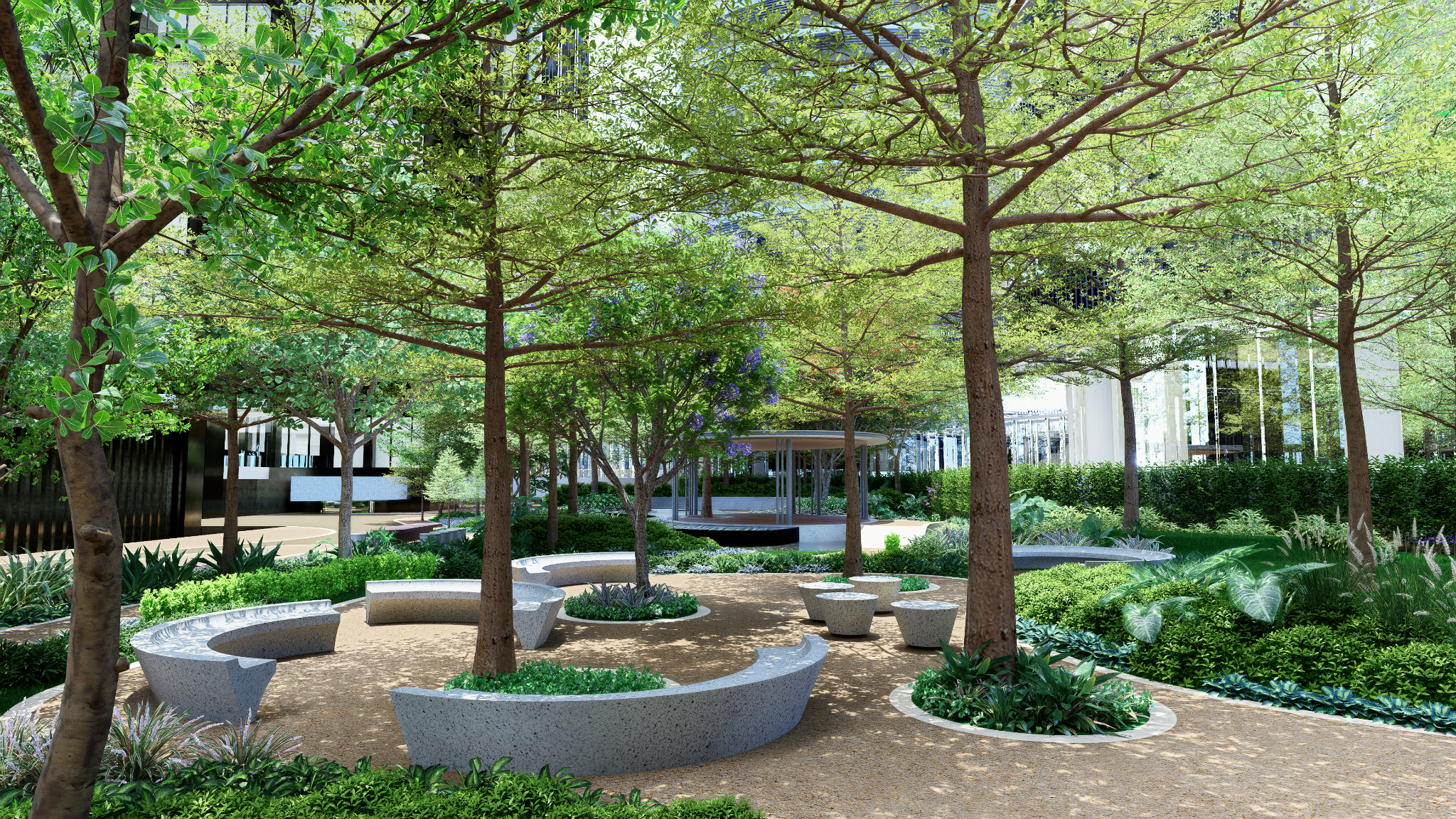 Contemporary business park with greenery, walking paths, and outdoor dining space