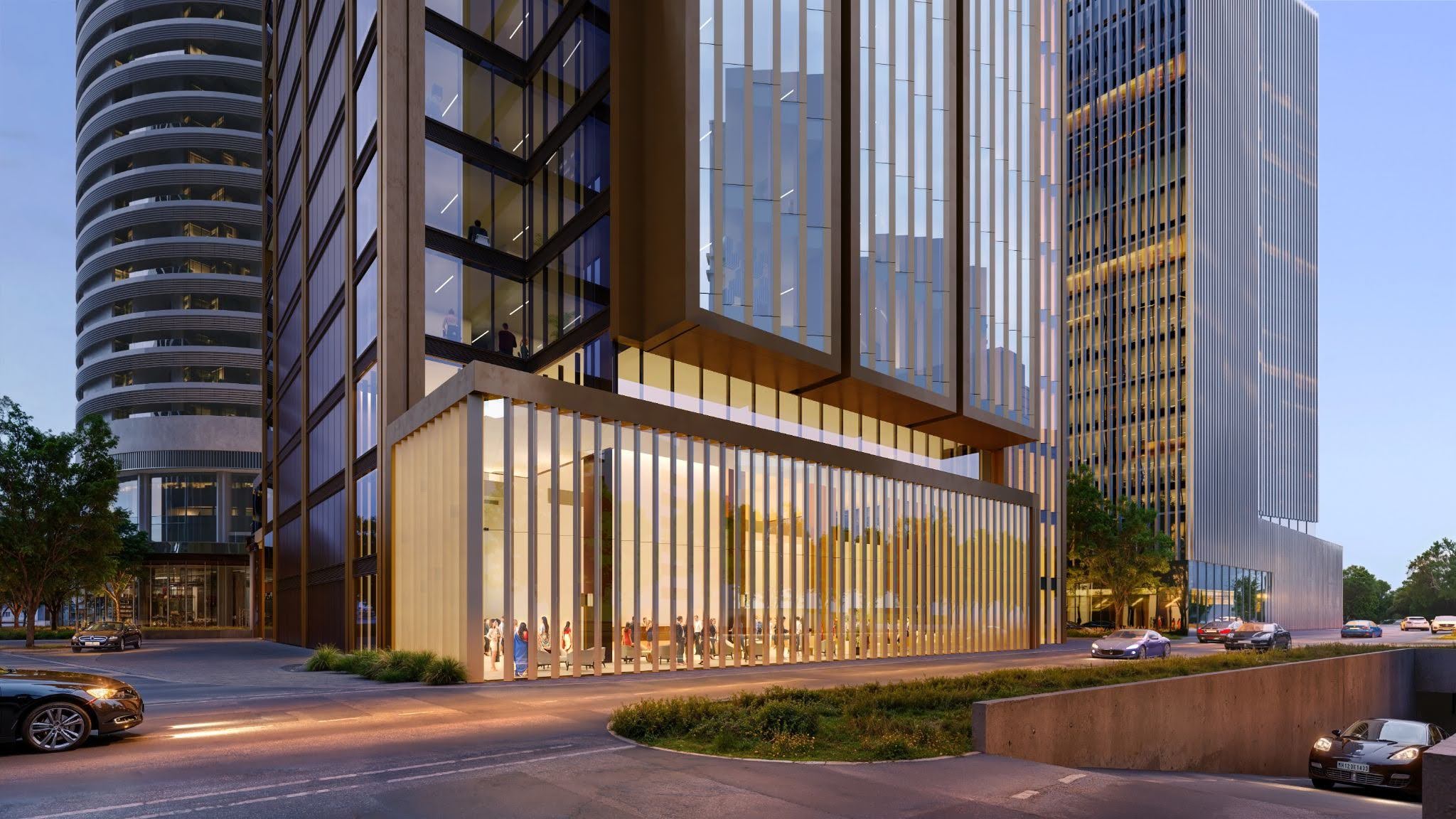 Grade A office building with luxury entrance lobby and modern skyline backdrop 