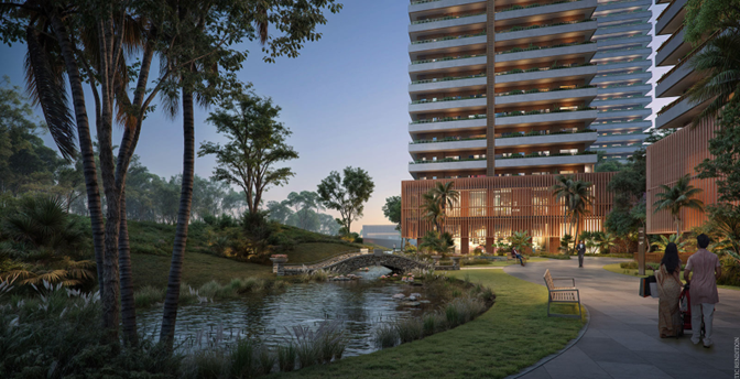 Estate 360 residential towers and landscaped park at dusk