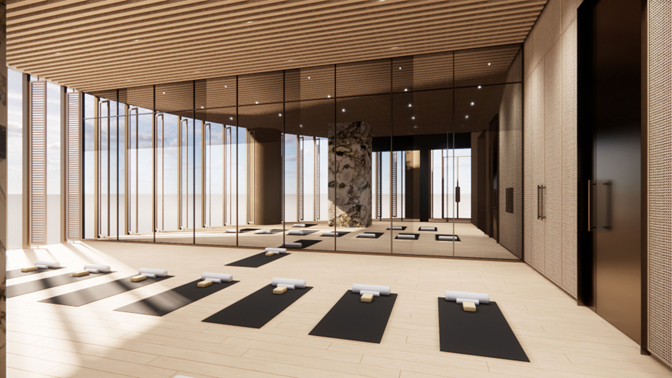 Premium residential yoga studio with lined mats and mirrored walls