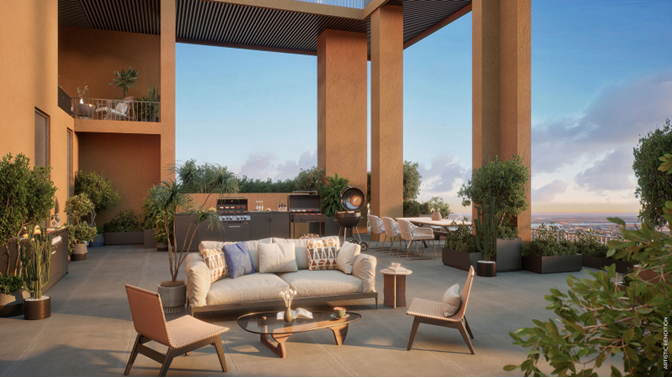 Luxury rooftop terrace lounge with outdoor seating and BBQ setup]