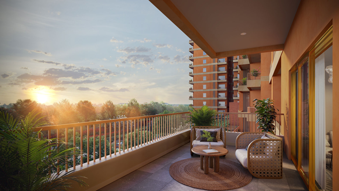 Luxury apartment balcony with outdoor seating at sunset