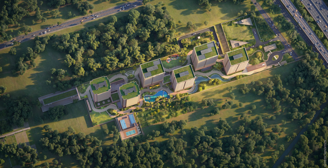 Estate 360 aerial view of residential towers with green roofs