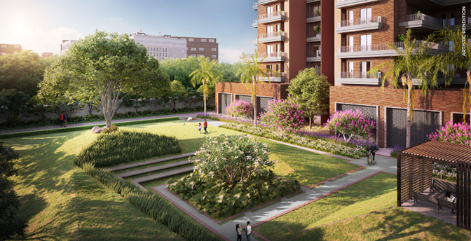 Estate 128 central courtyard lawn and residential towers