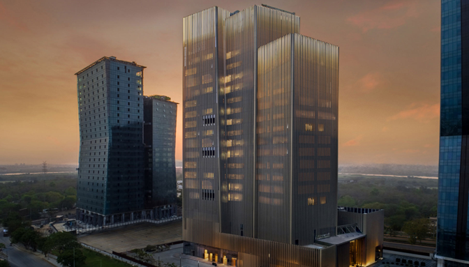 Max Towers skyscraper at dusk